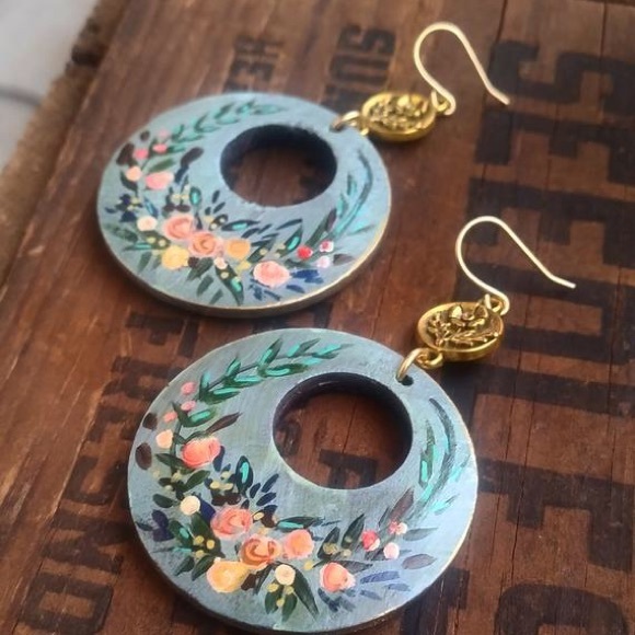 Handpainted Wood Rustic Flower Earrings - Picture 2 of 2